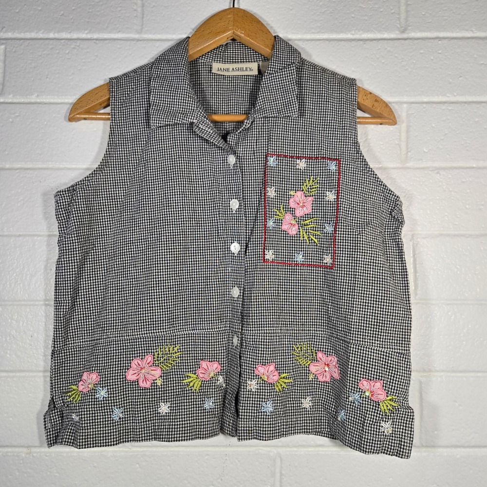 Vtg Gingham Embroidered Floral Button Small Beaded Granny Twee‎ easter